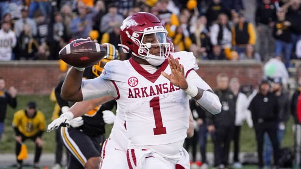Nov 25, 2022; Columbia, Missouri, USA; Arkansas Razorbacks quarterback KJ Jefferson (1) throws a pass against the Missouri Tigers during the game at Faurot Field at Memorial Stadium.